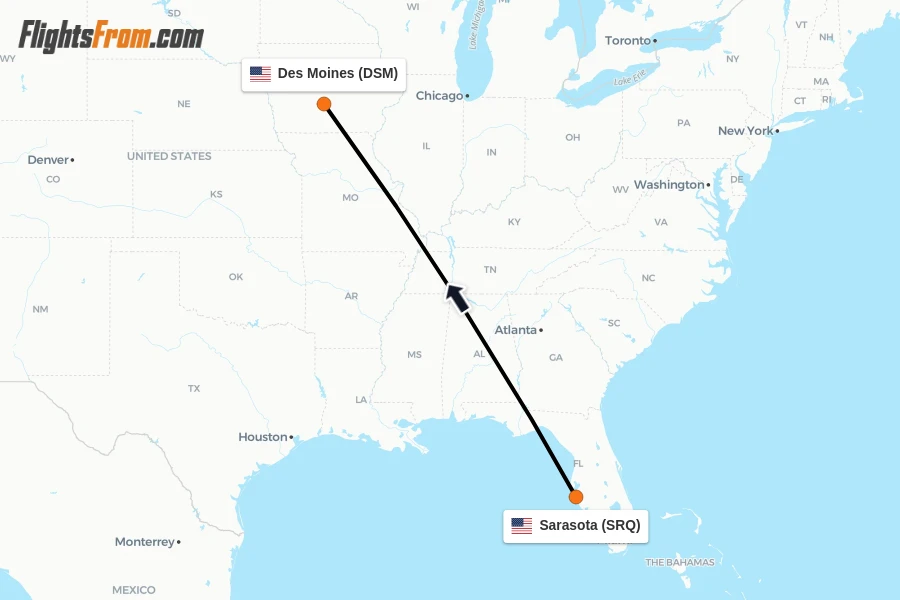 Flights from Sarasota to Des Moines route map