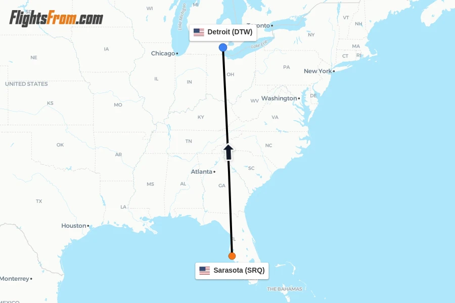 Flights from Sarasota to Detroit route map
