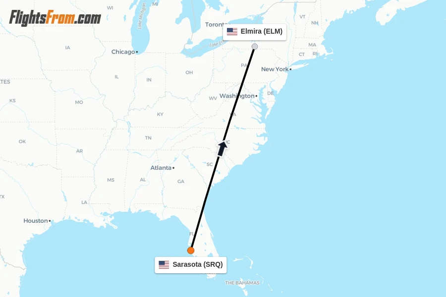 Flights from Sarasota to Elmira route map
