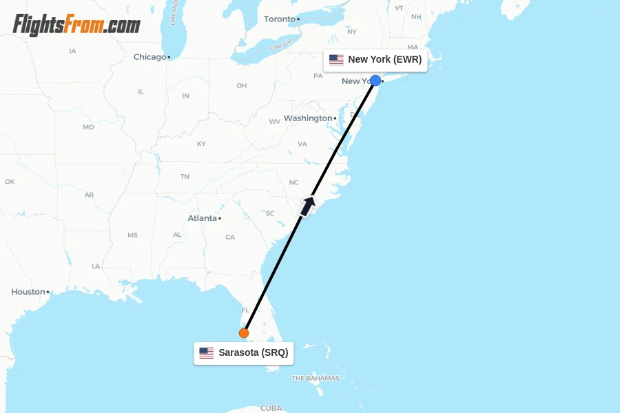 Flights from Sarasota to New York route map
