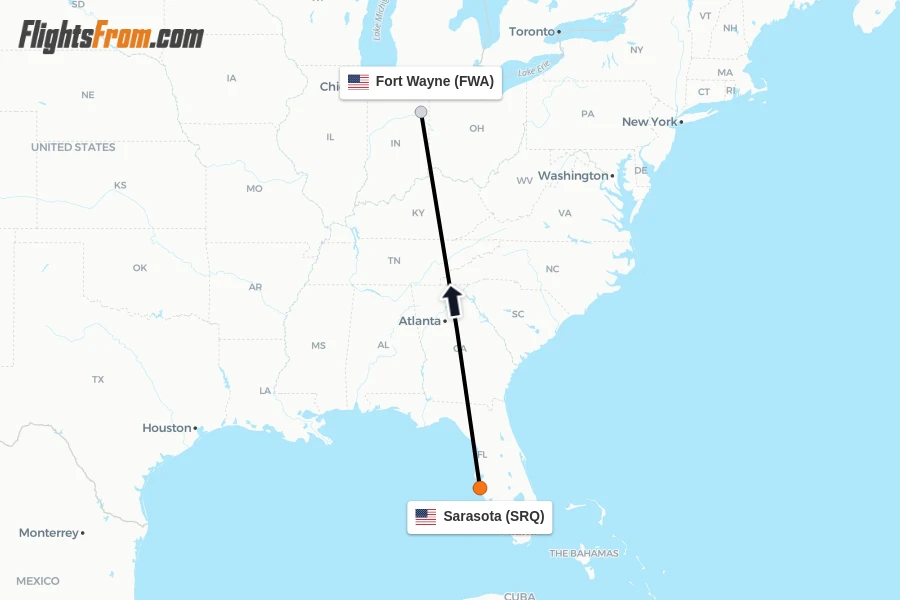 Flights from Sarasota to Fort Wayne route map