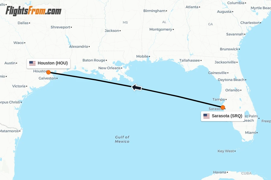 Flights from Sarasota to Houston route map