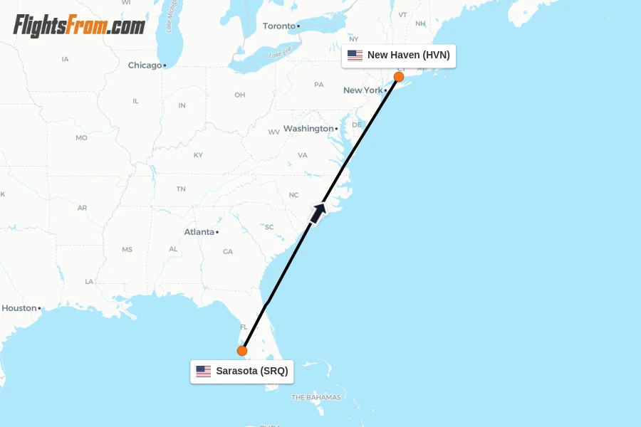 Flights from Sarasota to New Haven route map