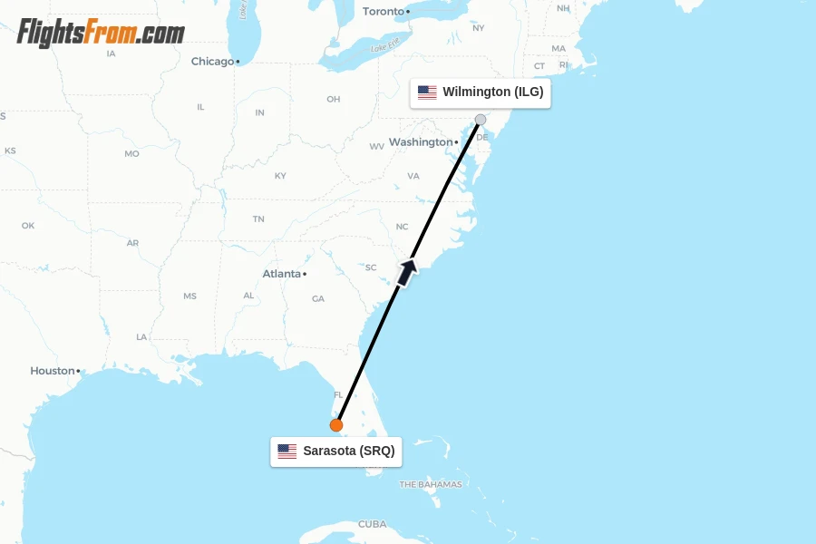 Flights from Sarasota to Wilmington route map