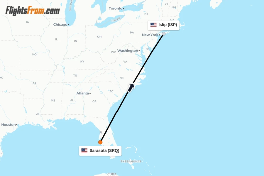 Flights from Sarasota to Islip route map
