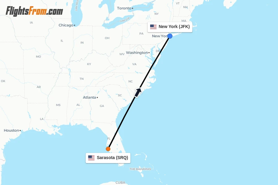 Flights from Sarasota to New York route map