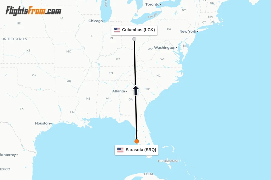 Flights from Sarasota to Columbus route map