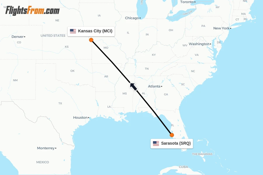 Flights from Sarasota to Kansas City route map