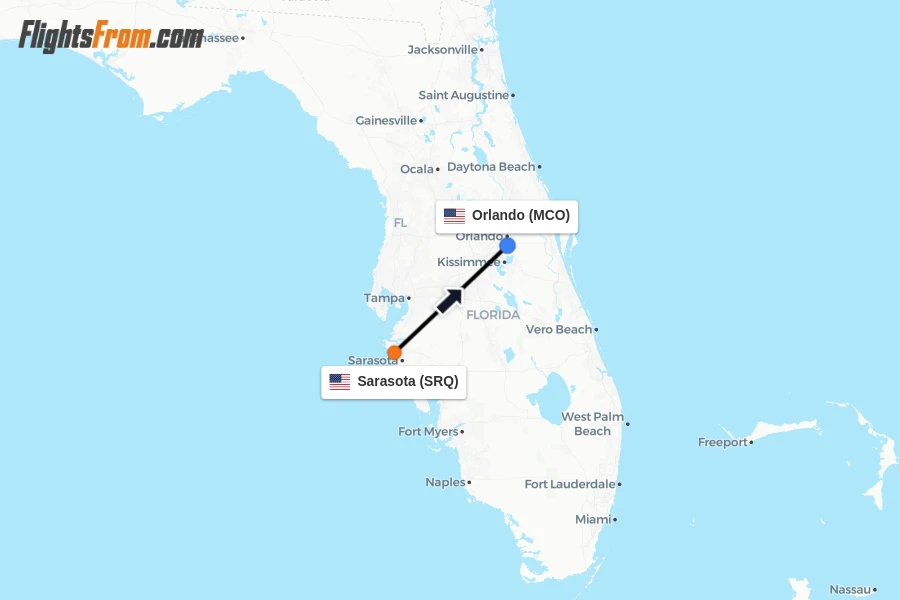 Flights from Sarasota to Orlando route map