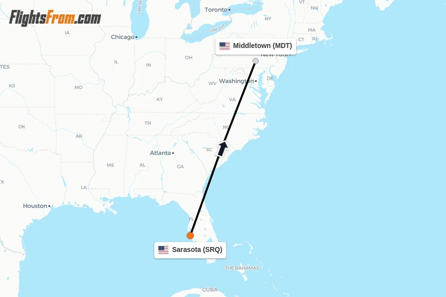 Flights from Sarasota to Middletown route map