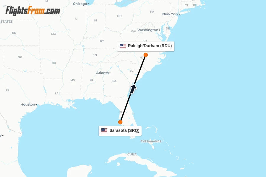 Flights from Sarasota to Raleigh/Durham route map