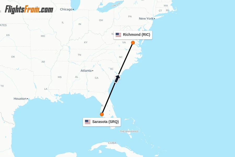 Flights from Sarasota to Richmond route map