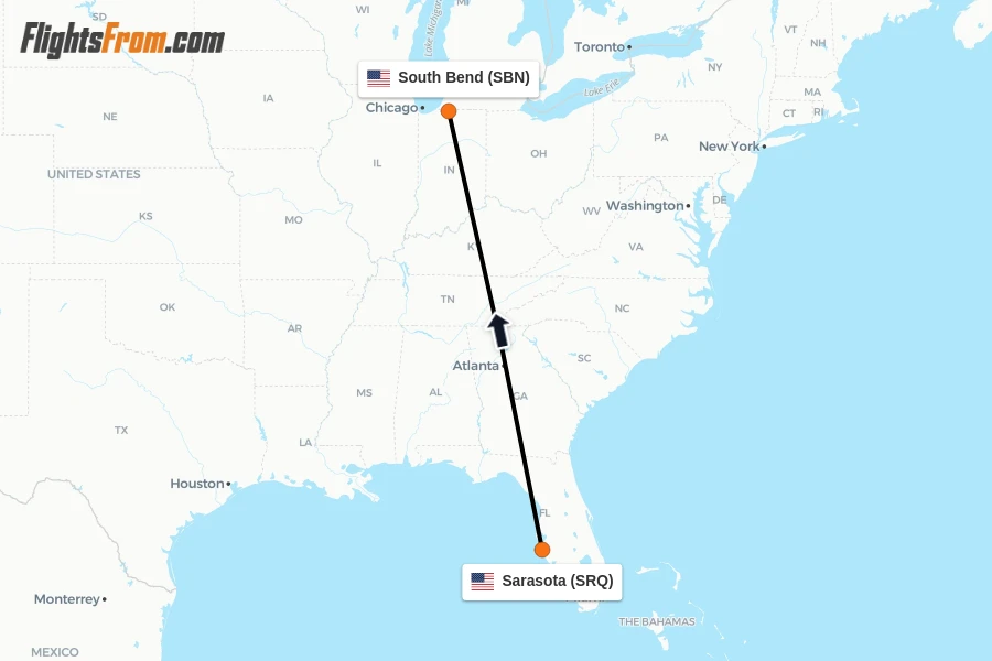 Flights from Sarasota to South Bend route map