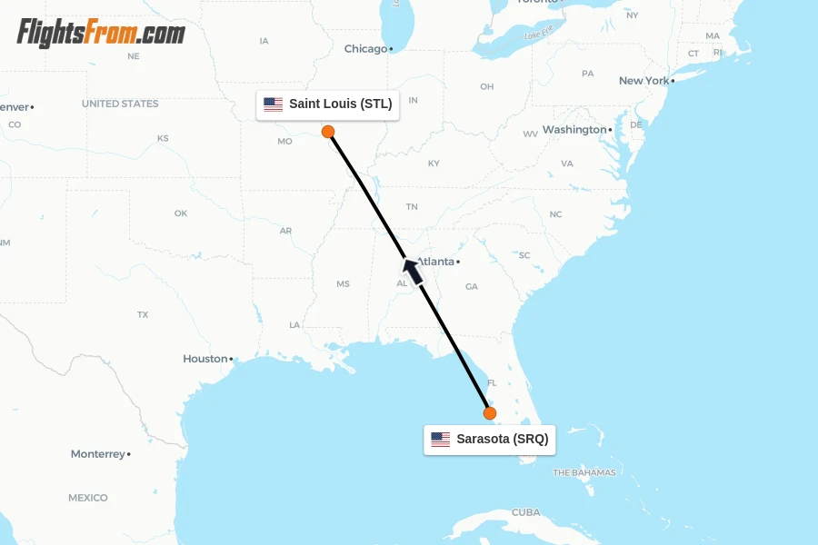 Flights from Sarasota to Saint Louis route map