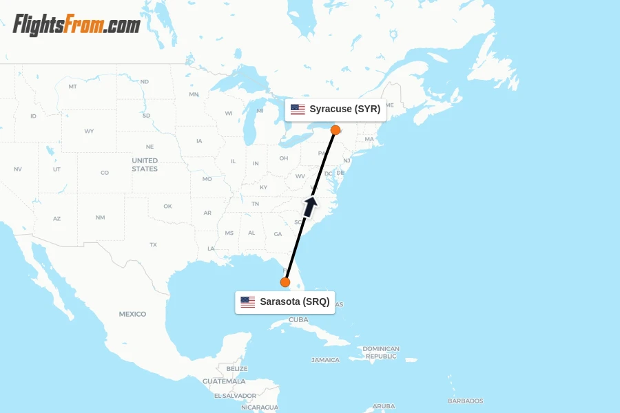 Flights from Sarasota to Syracuse route map