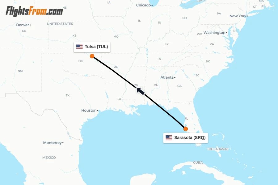 Flights from Sarasota to Tulsa route map