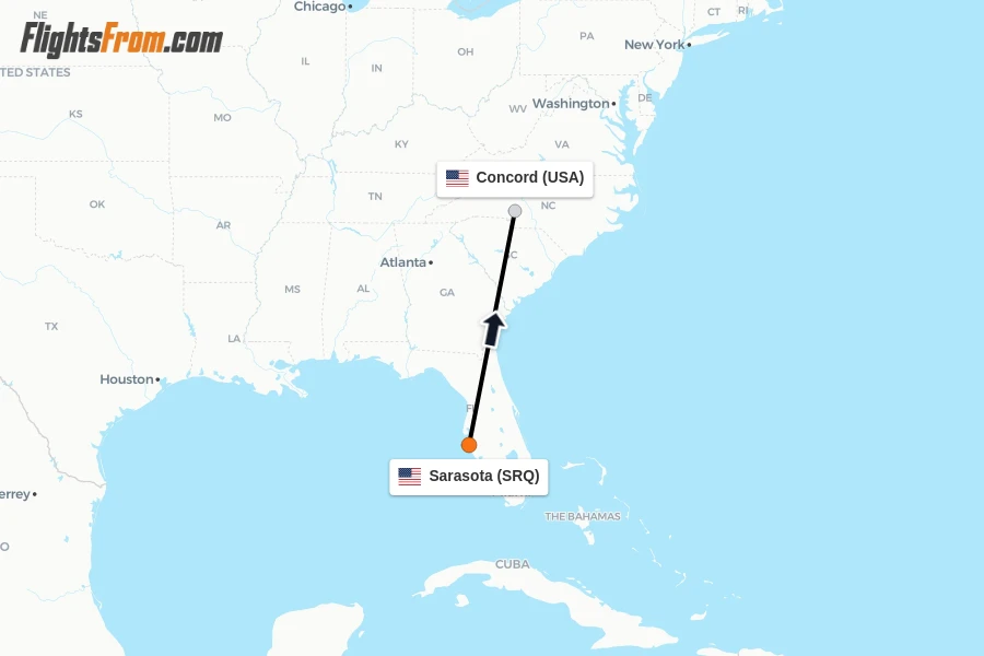 Flights from Sarasota to Concord route map