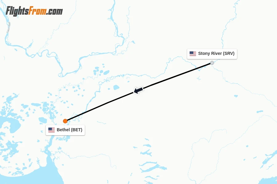 Flights from Stony River to Bethel route map
