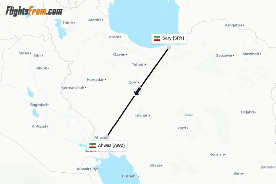 Flights from Sary to Ahwaz route map