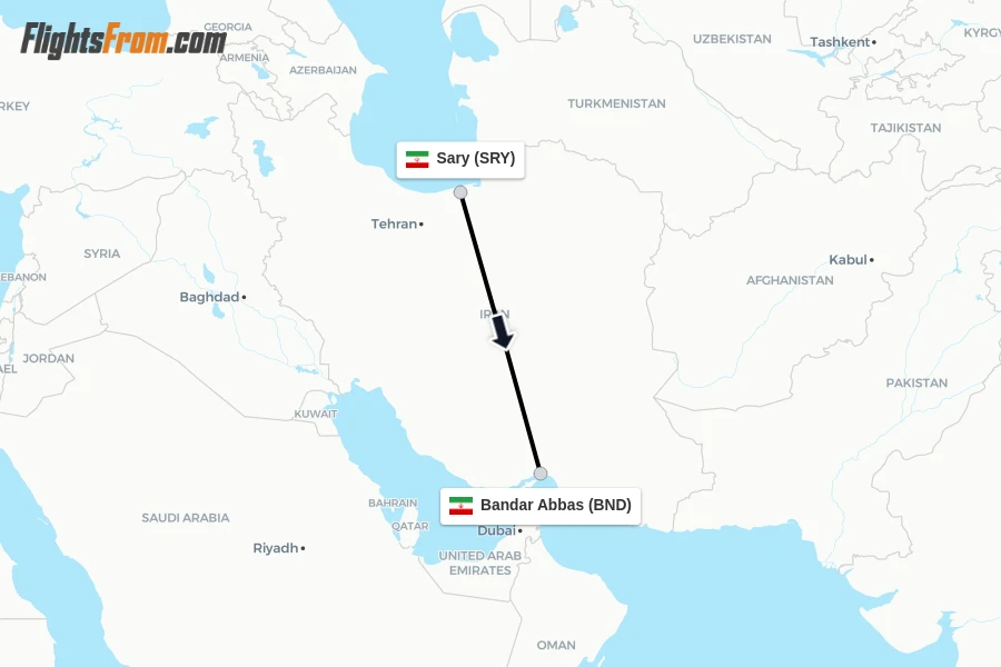 Flights from Sary to Bandar Abbas route map