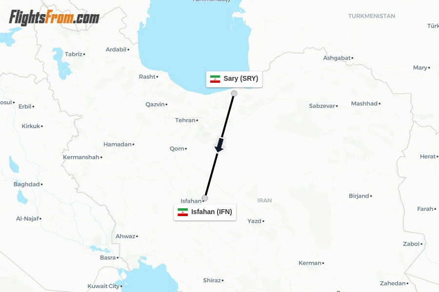 Flights from Sary to Isfahan route map