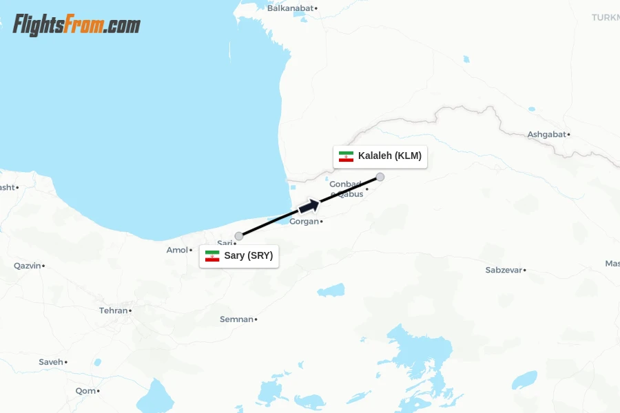 Flights from Sary to Kalaleh route map