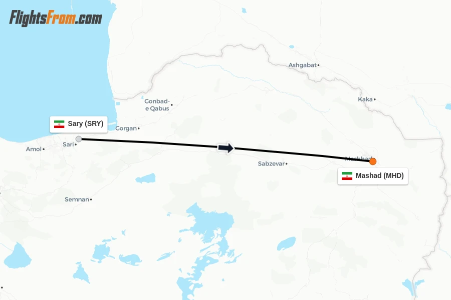 Flights from Sary to Mashad route map