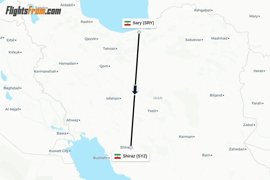 Flights from Sary to Shiraz route map