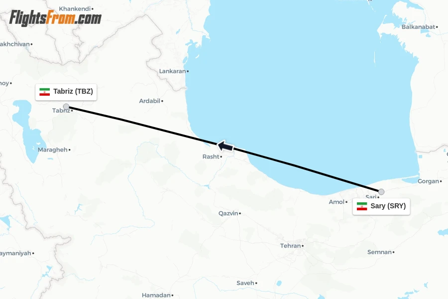 Flights from Sary to Tabriz route map