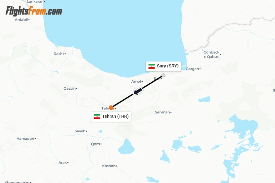 Flights from Sary to Tehran route map
