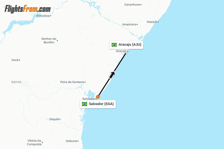 Flights from Salvador to Aracaju route map