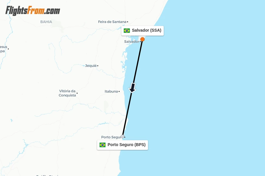 Flights from Salvador to Porto Seguro route map