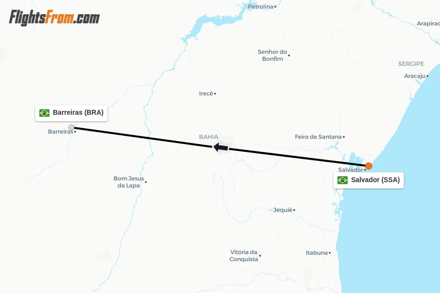 Flights from Salvador to Barreiras route map