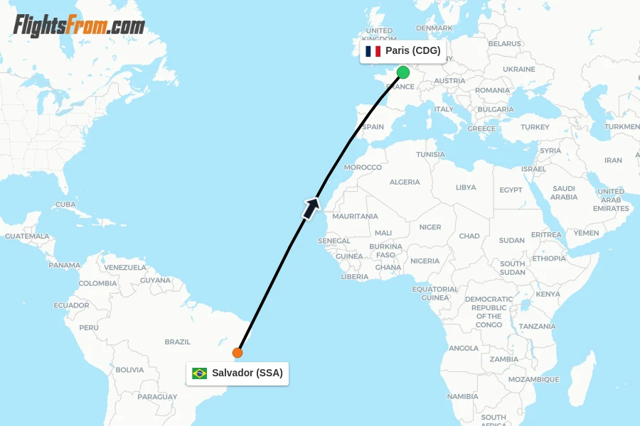 Flights from Salvador to Paris route map