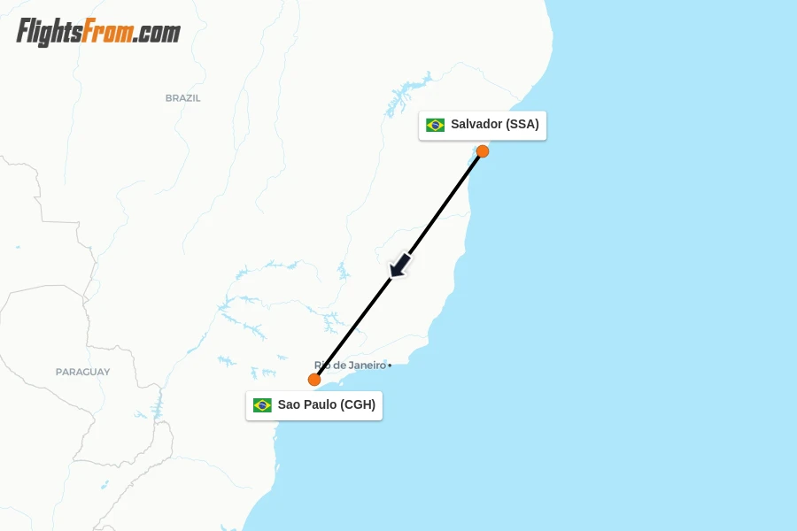 Flights from Salvador to Sao Paulo route map