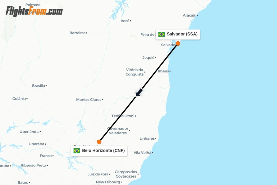 Flights from Salvador to Belo Horizonte route map