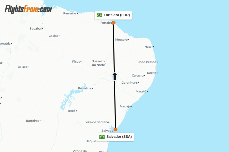 Flights from Salvador to Fortaleza route map