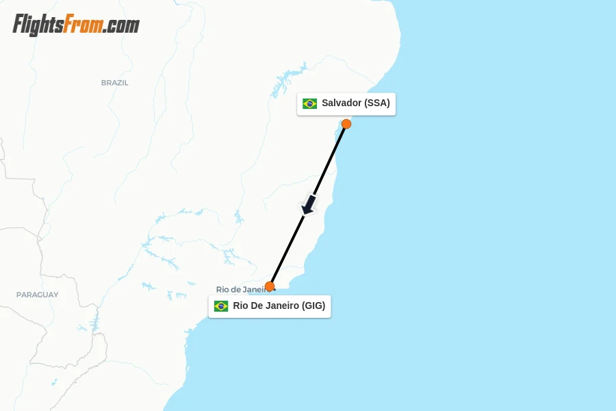 Flights from Salvador to Rio De Janeiro route map