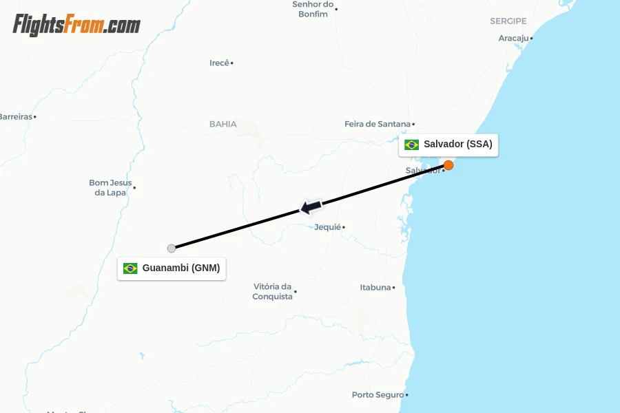 Flights from Salvador to Guanambi route map