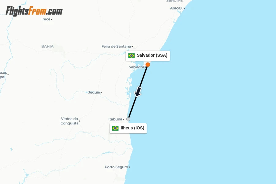 Flights from Salvador to Ilheus route map
