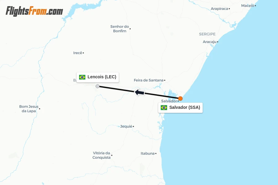 Flights from Salvador to Lencois route map