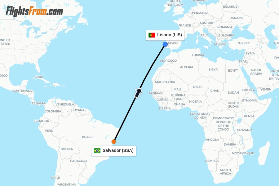 Flights from Salvador to Lisbon route map