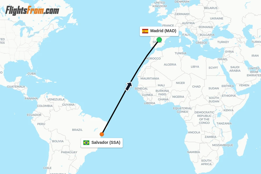 Flights from Salvador to Madrid route map