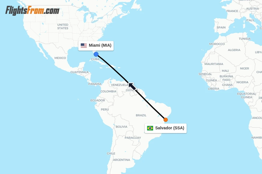 Flights from Salvador to Miami route map