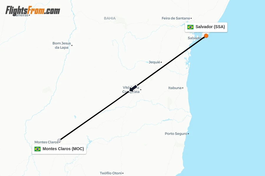 Flights from Salvador to Montes Claros route map