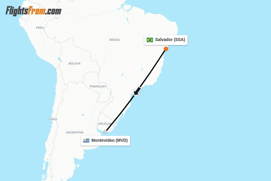 Flights from Salvador to Montevideo route map