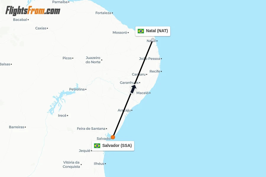 Flights from Salvador to Natal route map