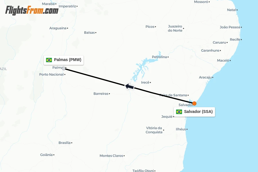 Flights from Salvador to Palmas route map