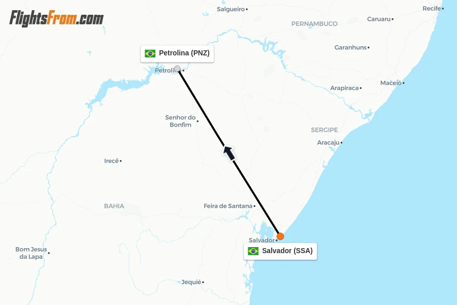 Flights from Salvador to Petrolina route map