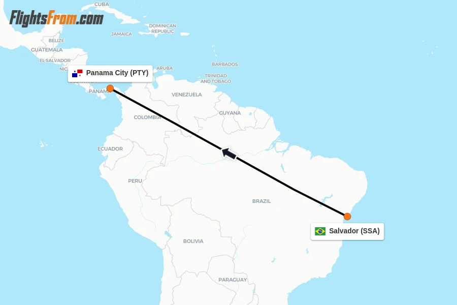 Flights from Salvador to Panama City route map